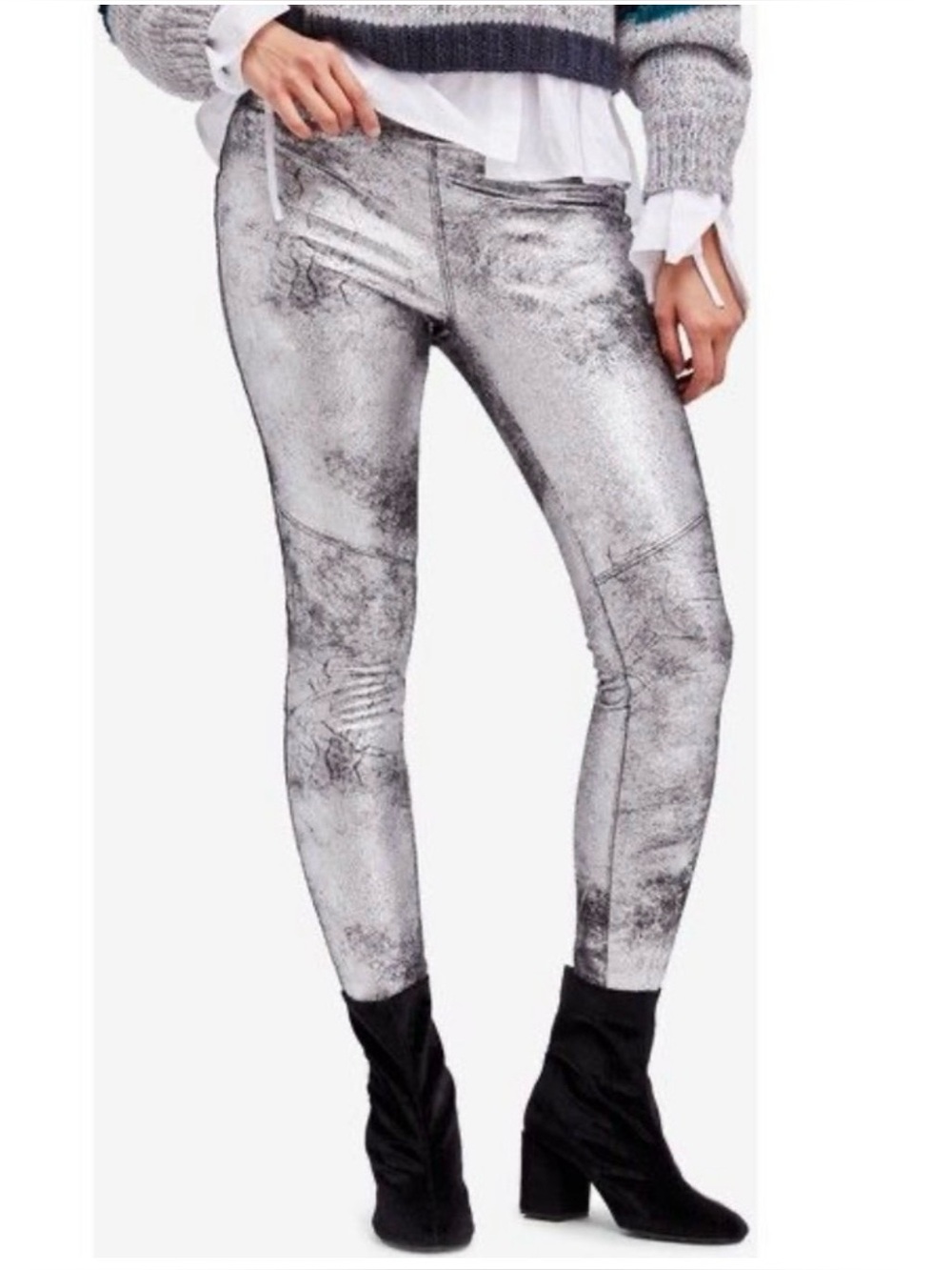 Free People Women’s Rio Vegan Faux Leather Silver & Black Leggings Size Small